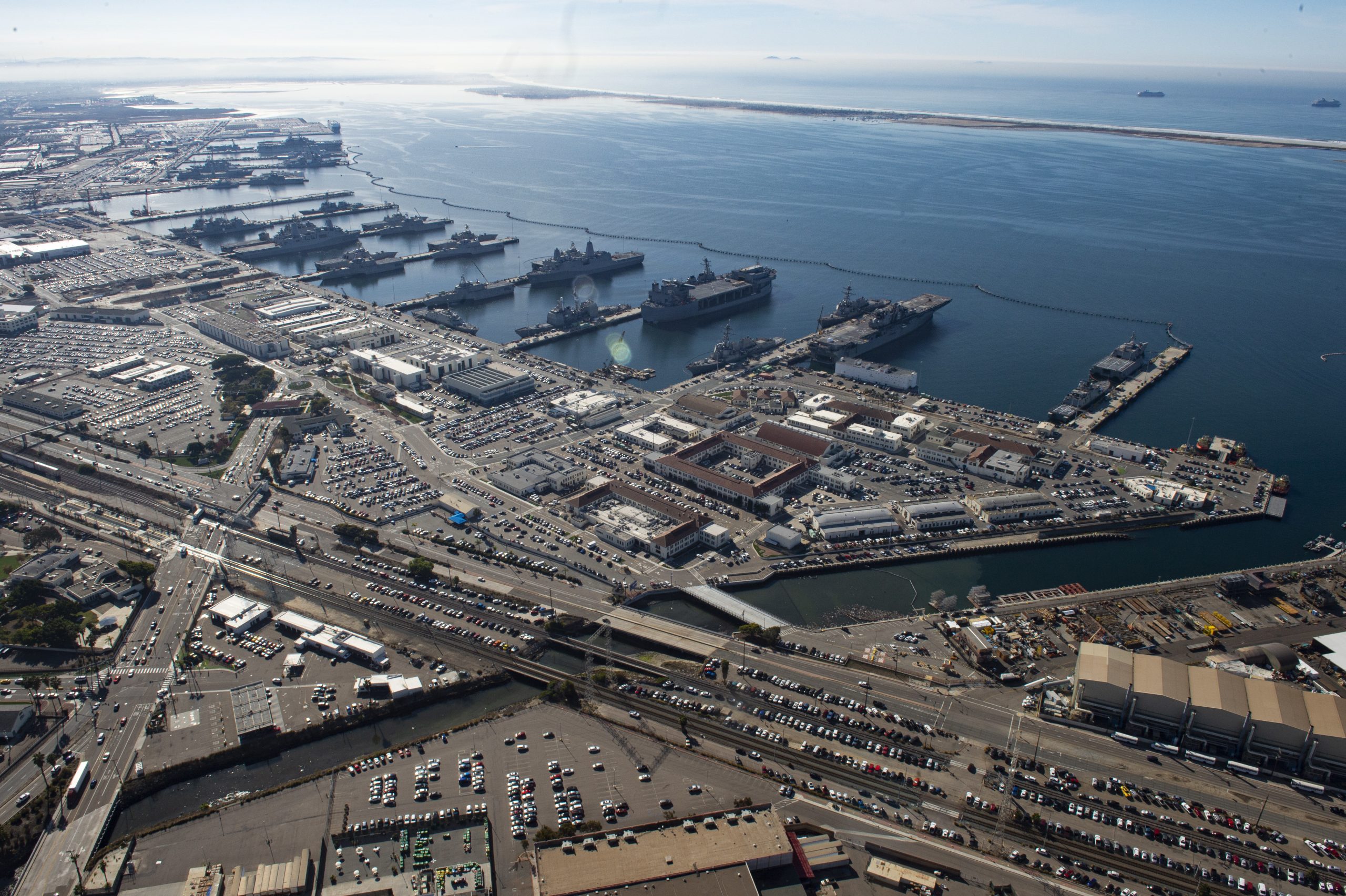 210107-N-MJ716-0132 SAN DIEGO (Jan. 7, 2021) An aerial photo of Naval Base San Diego in San Diego, CA. The photo was taken from a U.S. Navy MH-60S Seahawk assigned to the Helicopter Sea Combat Squadron 14 (HSC-14). (U.S. Navy photo by Mass Communication Specialist 2nd Class Austin Haist/Released.)